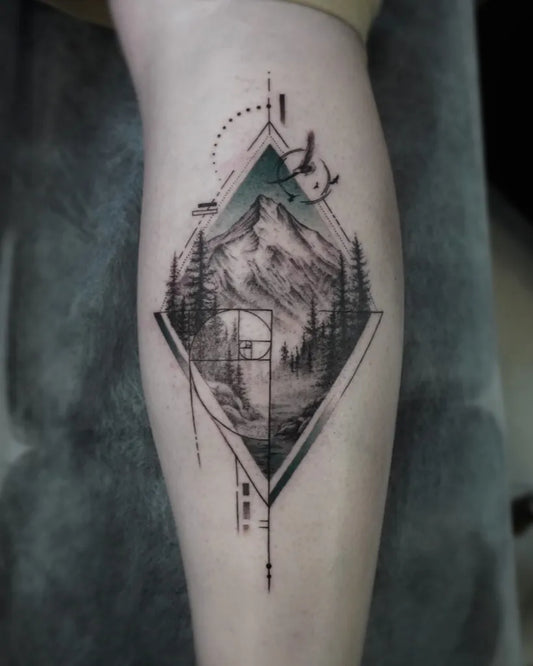 Medium Geometric Mountain Landscape Tattoo on Women Leg by @wtf.jian.tattoo