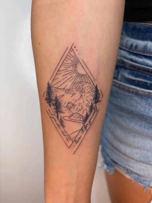 Medium Geometric Mountain Sun Trees Tattoo on Women Arm by @freckled.roses