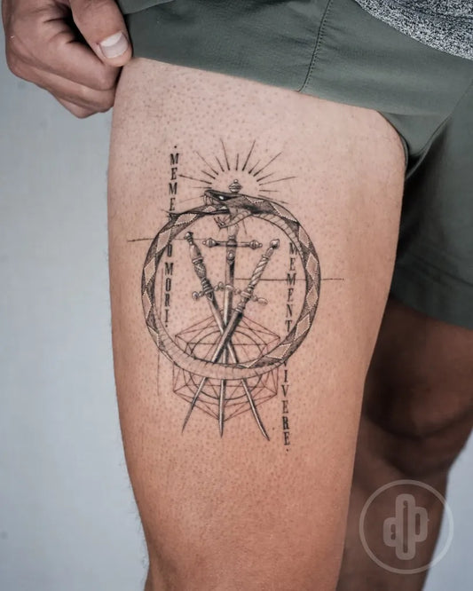 Medium Geometric Ouroboros Circle Tattoo on Men Thigh by @cactusboytattoo