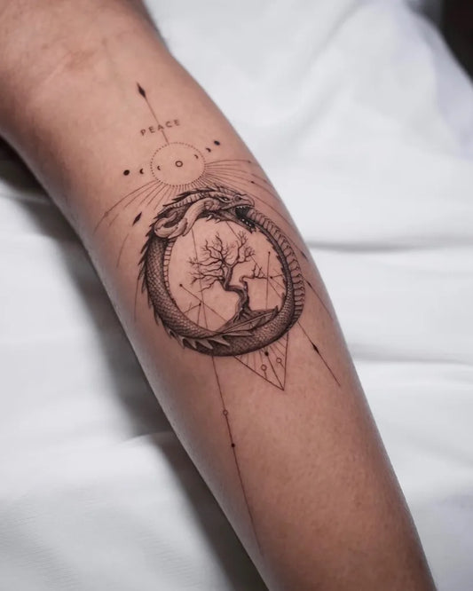 Medium Geometric Ouroboros Tree Arrow Tattoo on Women Arm by @angel_inkylicious