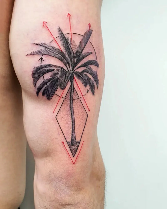 Medium Geometric Palm Tree and Diamond Tattoo on Men Thigh by @_nono_tattoo