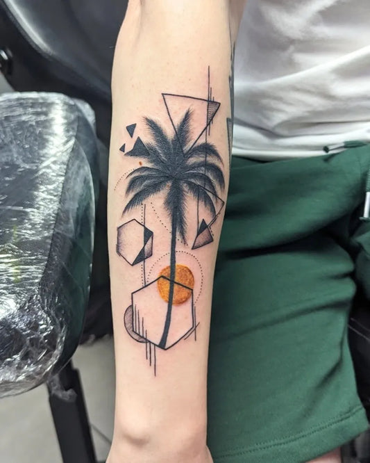 Medium Geometric Palm Tree and Sun Tattoo on Men Arm by @flesh_chambers