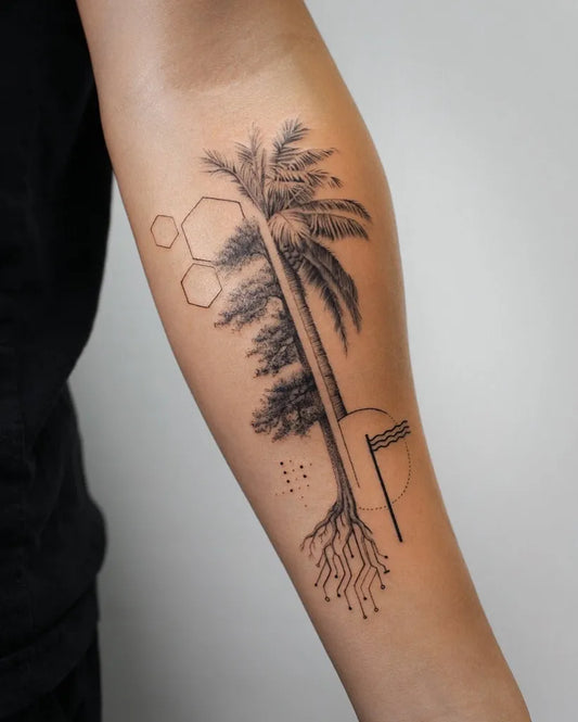 Medium Geometric Palm Tree with Geometric Roots Tattoo on Men Arm by @baronart_alan