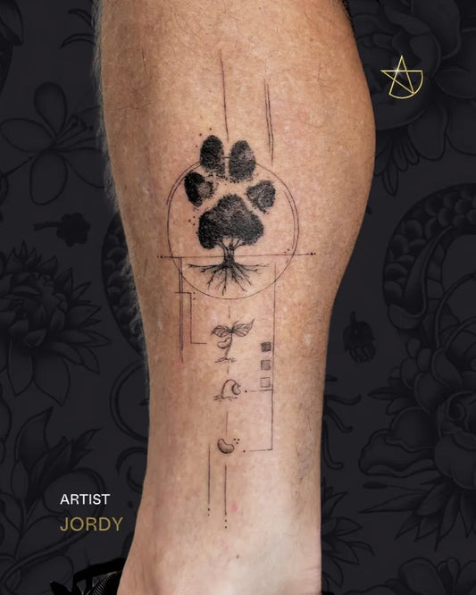 Medium Geometric Paw Print Tree Tattoo on Men Leg by @celebrityinksunshineplaza