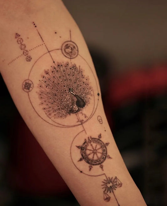 Medium Geometric Peacock and Compass Tattoo on Women Arm by @yunusonergenc