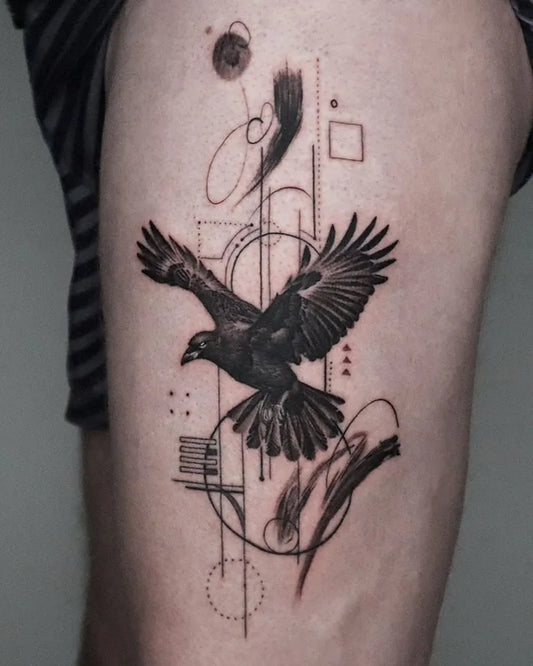 Medium Geometric Raven with Geometric Elements on Men Arm Tattoo by @ejintatt