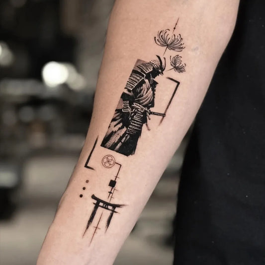 Medium Geometric Samurai Torii Flower Tattoo on Men Arm by @ajintattoo