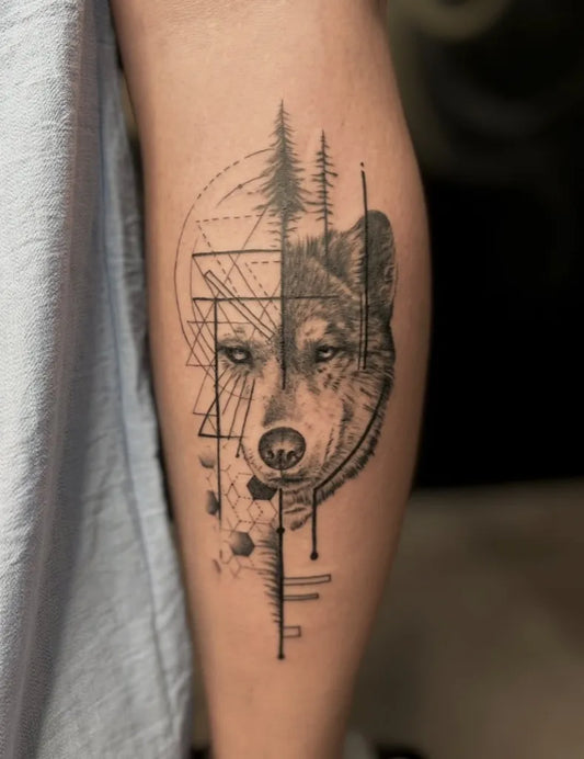 Medium Geometric Wolf Trees on Men Arm Tattoo by @roomcraft.tattoo