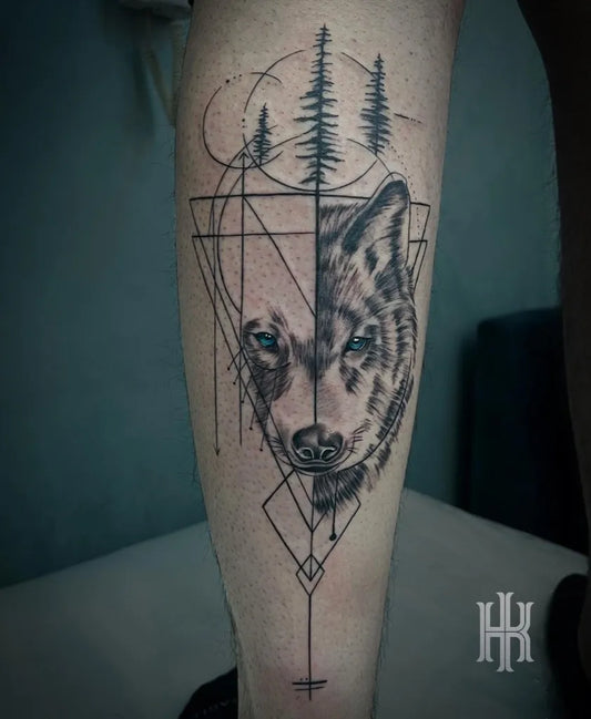 Medium Geometric Wolf and Trees Tattoo on Men Calf by @hadytattoo