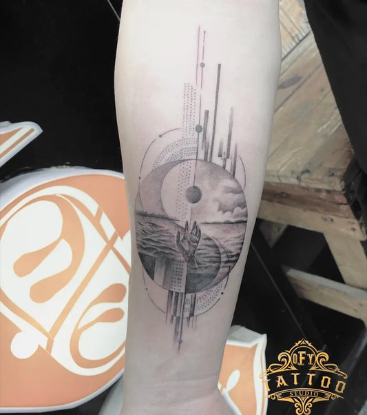 Medium Geometric Yin Yang with Abstract Cityscape Tattoo on Women Arm by @ofy.inkk