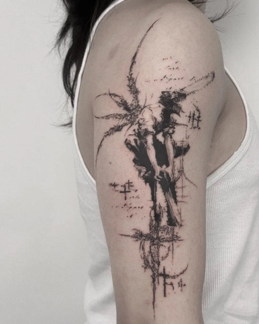 Medium Gothic AbstractSkeletonWingTattoo on Women Shoulder by @duome.tatt