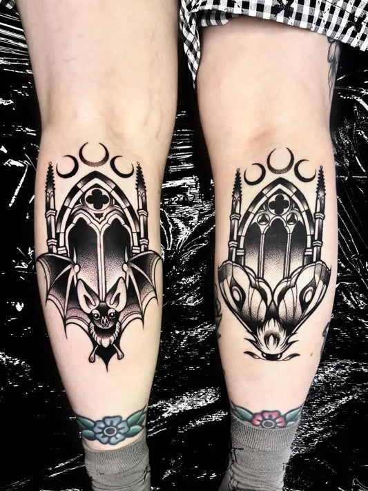 Medium Gothic Bat Gothic Towers Tattoo on Women Thighs by @megferrytattoos