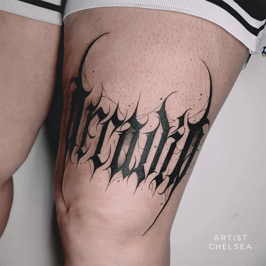 Medium Gothic BlackletterWord Tattoo on Men Thigh by @cbinktattoobrisbane