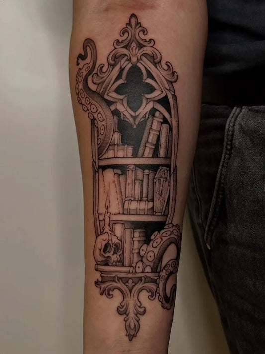 Medium Gothic Bookshelf with Tentacles Tattoo on Men Arm by @spooky.oyster.cult