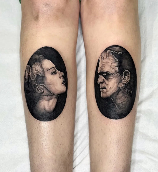 Medium Gothic Bride and Frankenstein Portraits Tattoo on Women Legs by @jessicajadetattoo