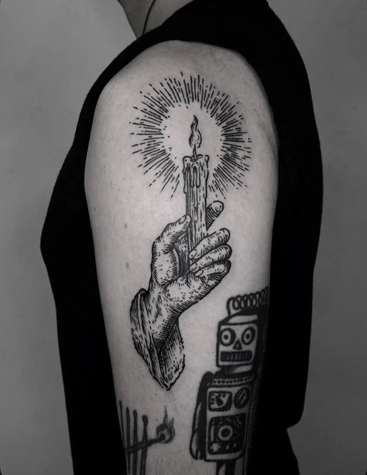 Medium Gothic Candle Hand Robot Tattoo on Men Shoulder by @josefbatar