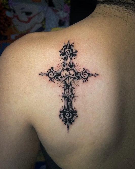 Medium Gothic Cross Heart Flourish on Women Shoulder Tattoo by @wedbecutetattooed