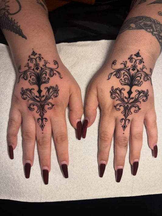 Medium Gothic Floral Mandala Tattoo on Women Hands by @poison.well