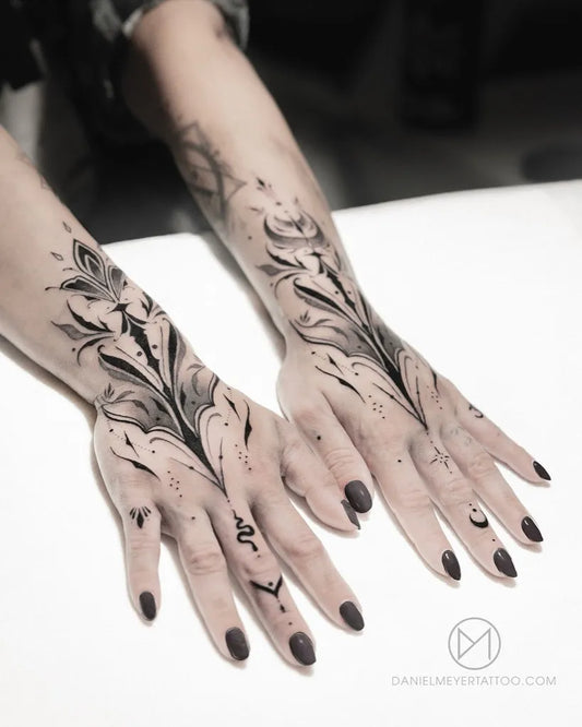 Medium Gothic FloralBranches Tattoo on Women Arms by @danielmeyertattoo