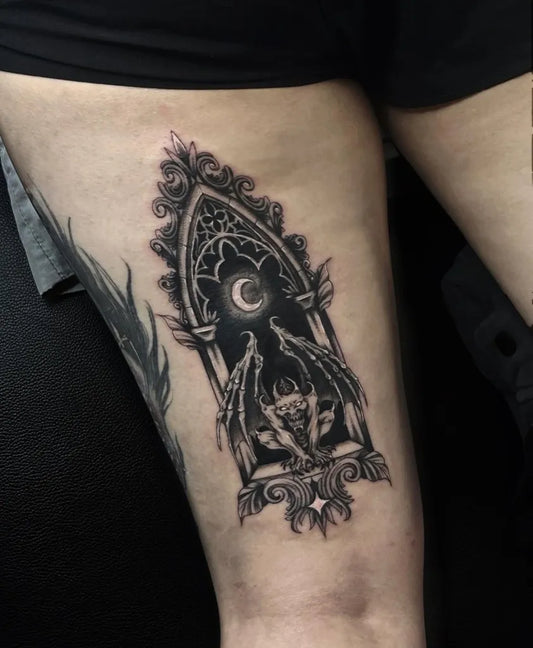 Medium Gothic Gothic Arch with Moon and Demon Women Thigh Tattoo on Women Thigh by @vanessa.vieyra00