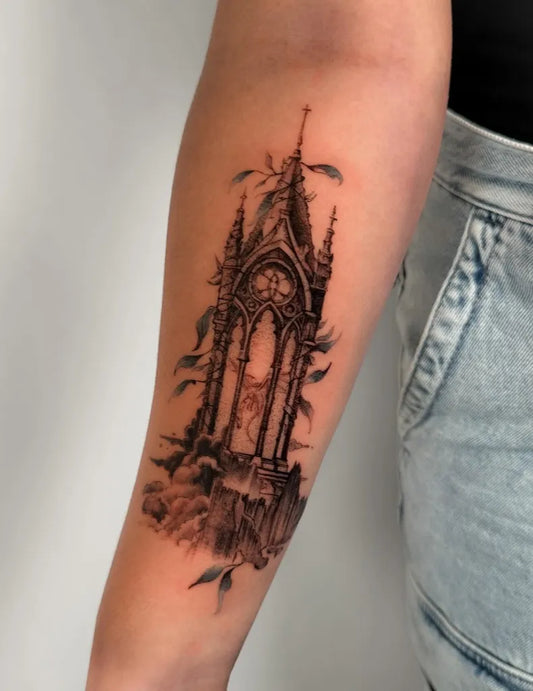 Medium Gothic Gothic Arch with Spire and Vines Tattoo on Women Arm by @vincelau.tattoos
