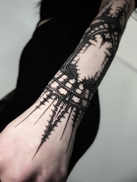 Medium Gothic Gothic Frame Tattoo on Women Arm by @hecatomb_ttt