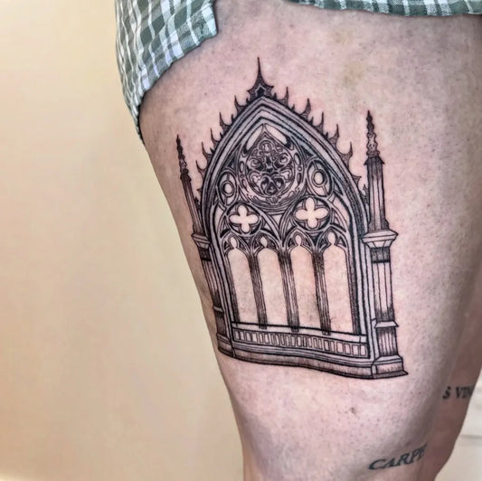 Medium Gothic Gothic Window Tattoo on Women Thigh by @devonlanetattoo
