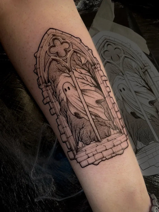 Medium Gothic Gothic Window with Ghost Tattoo on Women Arm by @knife_dance