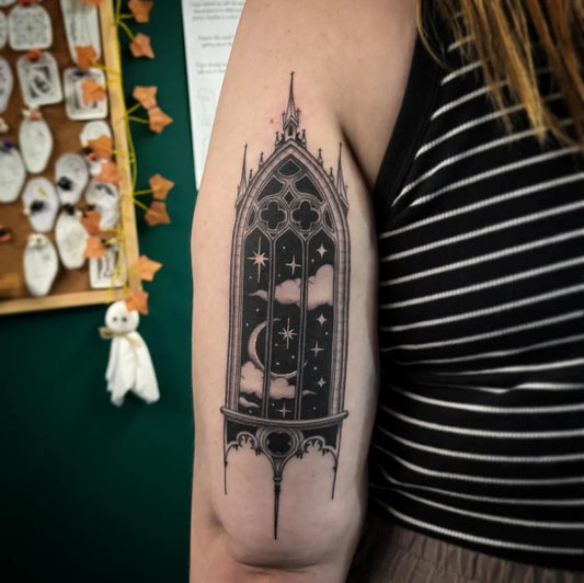 Medium Gothic Gothic Window with Moon and Stars Tattoo on Women Arm by @tattoosbycay