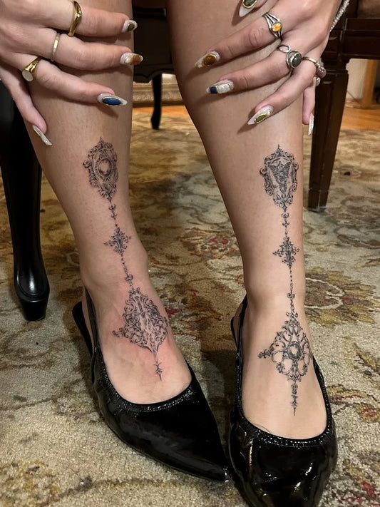 Medium Gothic Mandala and Vine Women Legs Tattoo on Women by @cryyourbest