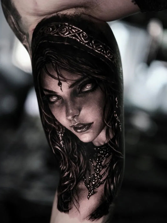 Medium Gothic Mysterious Woman Tattoo on Women Arm by @ink.shadow