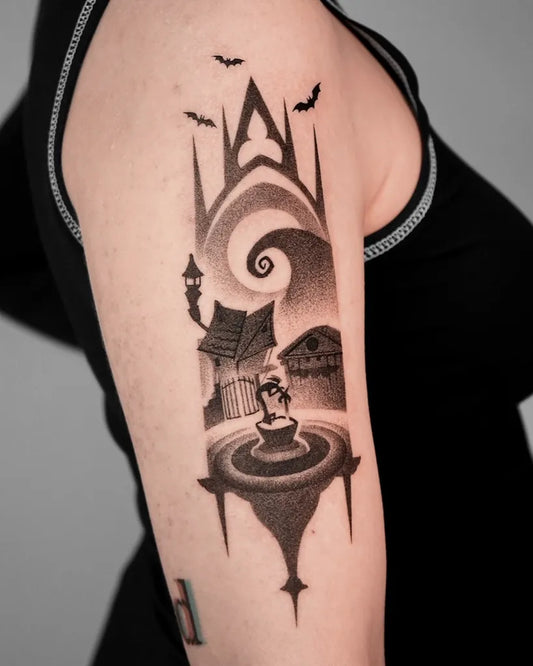 Medium Gothic Nightmare Before Christmas Scene Tattoo on Women Arm by @duzo.kropek.malo.kresek