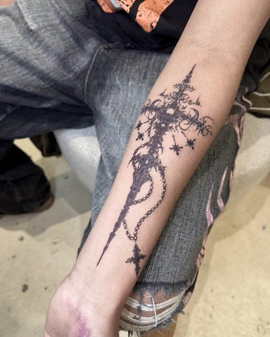 Medium Gothic Ornate Cross with Vines Tattoo on Women Forearm by @takemetothenever1and