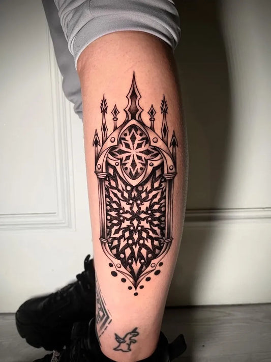 Medium Gothic Ornate Gothic Archway Tattoo on Men Leg by @dotmetric