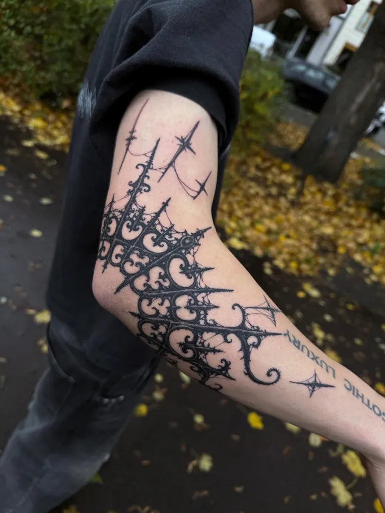 Medium Gothic Ornate Lace Tattoo on Men Arm by @mateosalin