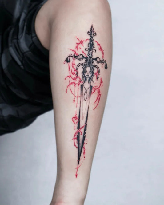 Medium Gothic Ornate Sword with Floral Vines Tattoo on Women Arm by @yuna._tattoo