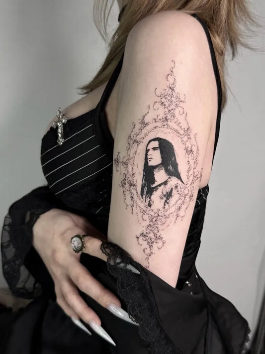 Medium Gothic Portrait in Ornate Frame Tattoo on Women Arm by @sherifftatto0