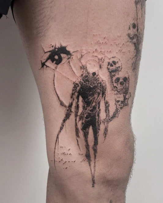 Medium Gothic Skull Figure with Eye and Skulls Tattoo on Men Leg by @duome.tatt
