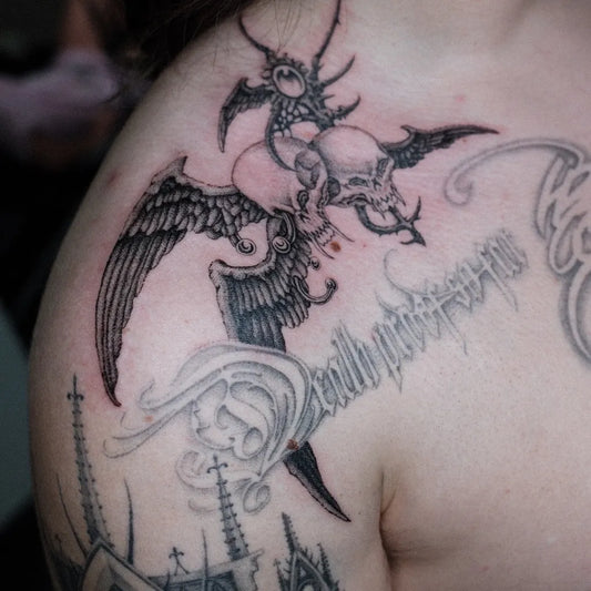 Medium Gothic Skull Wings Death on Men Shoulder Tattoo by @alienboij