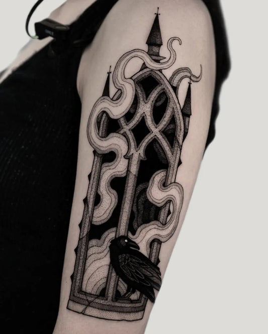 Medium Gothic StainedGlassWindowWithRaven Tattoo on Women UpperArm by @maxwelllacroix