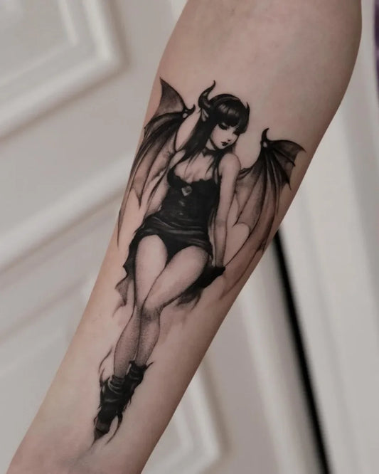 Medium Gothic Succubus with Bat Wings Tattoo on Women Arm by @inked.world_