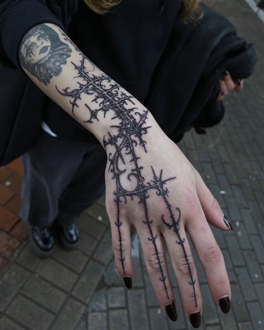 Medium Gothic Thorn Vines Tattoo on Women Forearm by @mateosalinas__