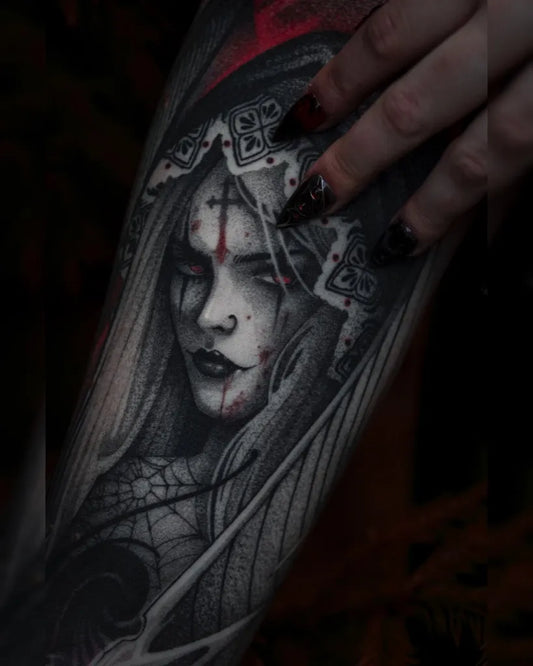 Medium Gothic Vampire Queen Tattoo on Women Arm by @phantom.di