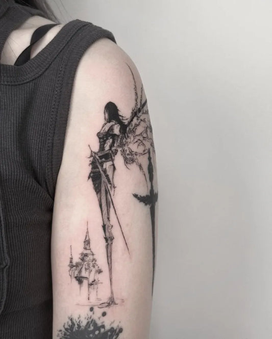 Medium Gothic Winged Warrior with Sword and Castle Tattoo on Women Shoulder by @duome.tatt