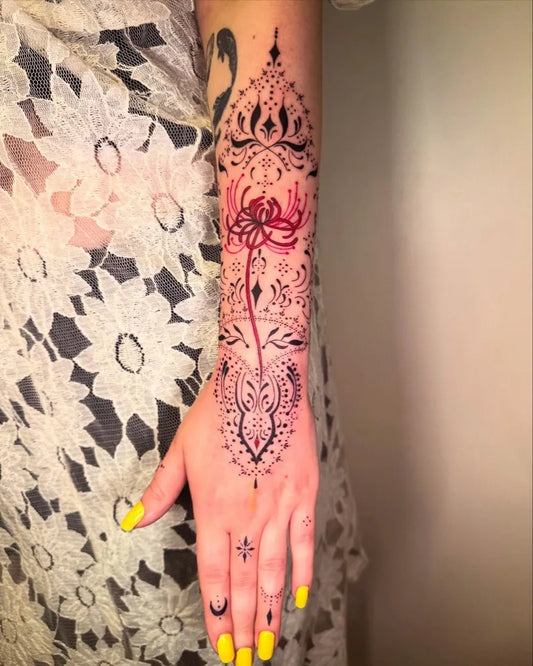 Medium Henna Spider Lily Red Mandala Tattoo on Women Arm by @skittykittykitty
