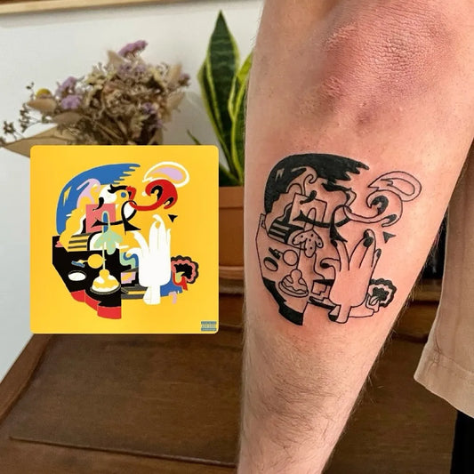 Medium Illustrative Abstract Face Music Tattoo on Men Leg by @casab.ttt