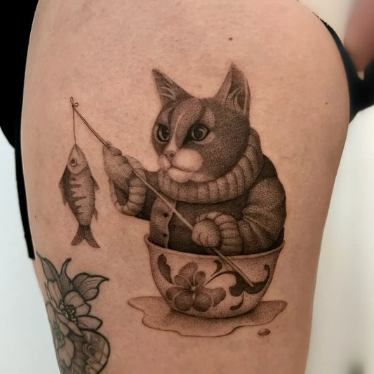 Medium Illustrative Cat Fishing in Cup Tattoo on Women Thigh by @philigreetattoostudio