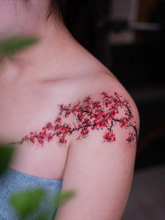 Medium Illustrative Cherry Blossom Branch on Women Shoulder Tattoo by @mumuoriental