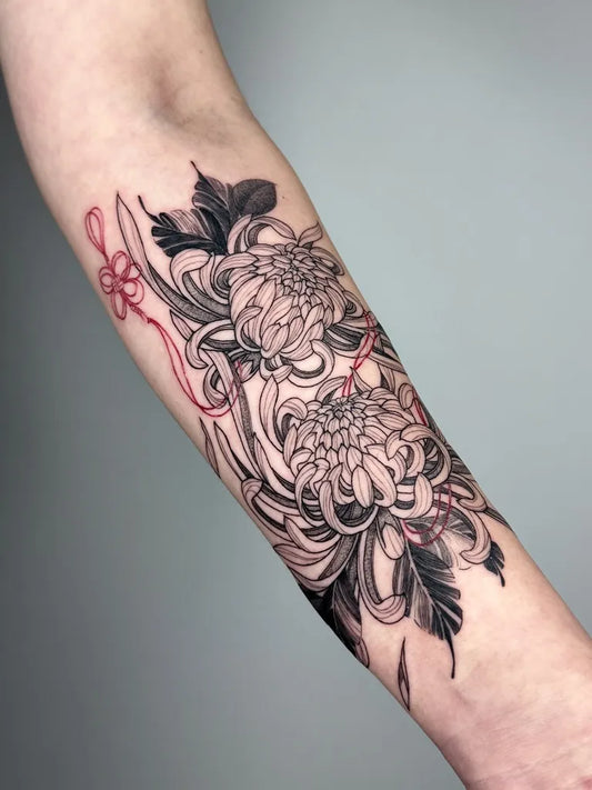 Medium Illustrative Chrysanthemum and Red String Tattoo on Women Arm by @yulixtattoo