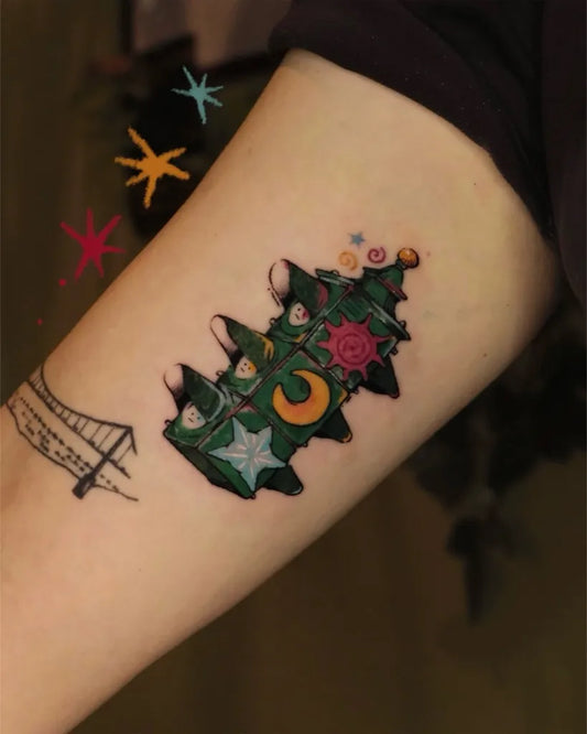 Medium Illustrative Colorful Pagoda with Stars and Moon Tattoo on Women Arm by @sleepywoode
